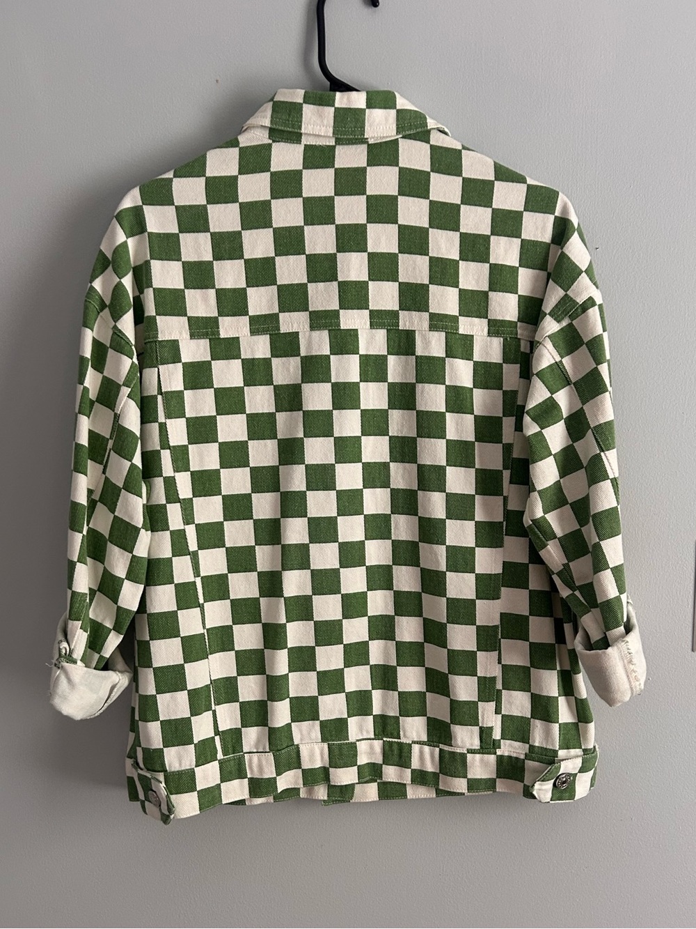 Green Checkerboard Denim Jacket | Timing Size S | Retro Streetwear Shacket - Picture 2 of 4